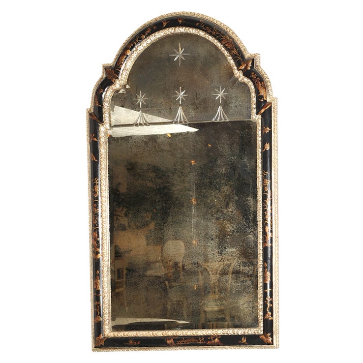 Chinoiserie Queen Anne Style Etched Mirror w/ 12K White Gilt For Sale