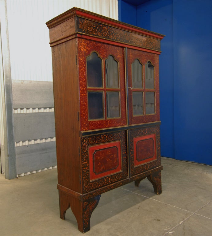 Lacquered Mid 19tC. Indonesian Dutch Colonial Stenciled Double Glass Door Bookcase For Sale