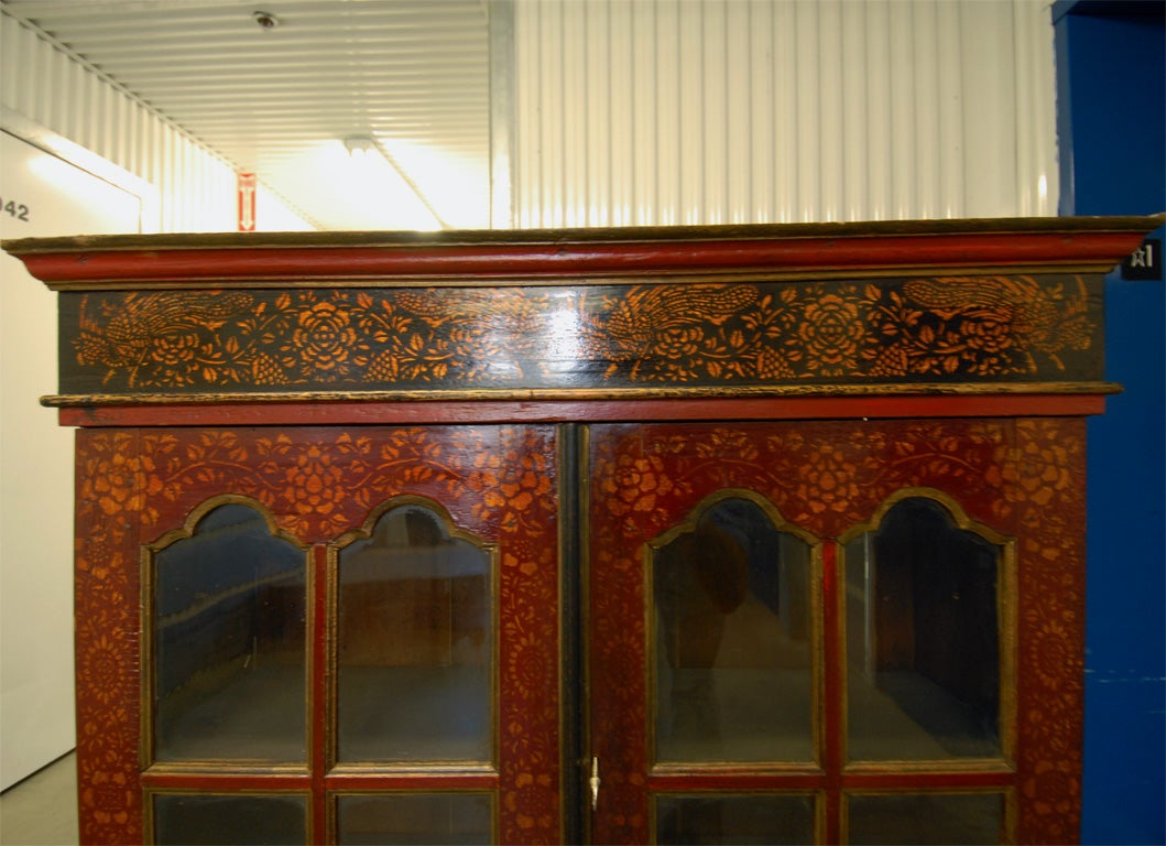 Mid 19tC. Indonesian Dutch Colonial Stenciled Double Glass Door Bookcase In Excellent Condition For Sale In East Hampton, NY