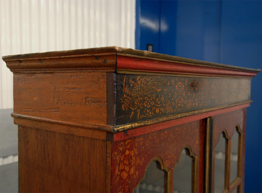 19th Century Mid 19tC. Indonesian Dutch Colonial Stenciled Double Glass Door Bookcase For Sale