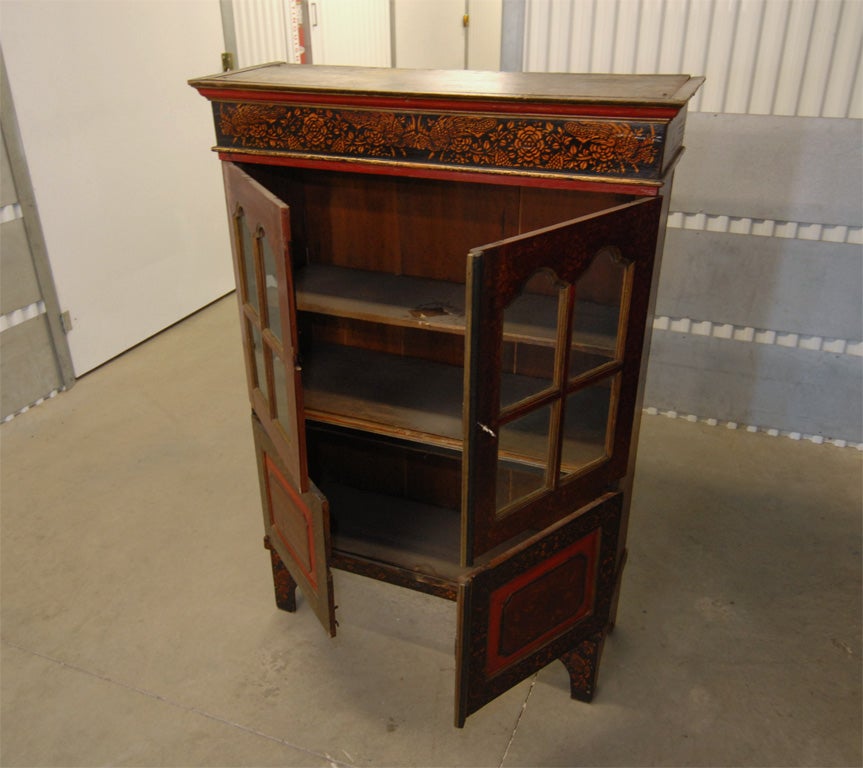 Teak Mid 19tC. Indonesian Dutch Colonial Stenciled Double Glass Door Bookcase For Sale