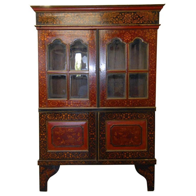 Mid 19tC. Indonesian Dutch Colonial Stenciled Double Glass Door Bookcase For Sale