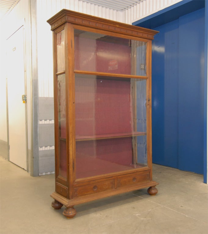 Stained Late 19thC. Dutch Colonial Indonesian Glass Front Bookcase with Side Doors