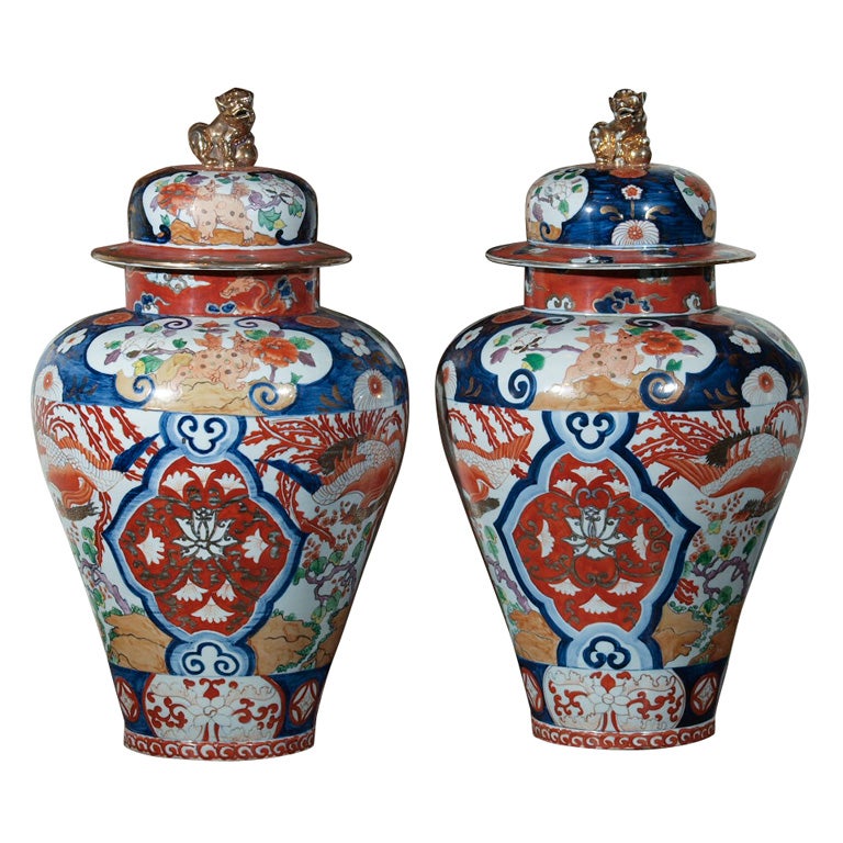 LARGE PAIR OF IMARI COVERED JARS
