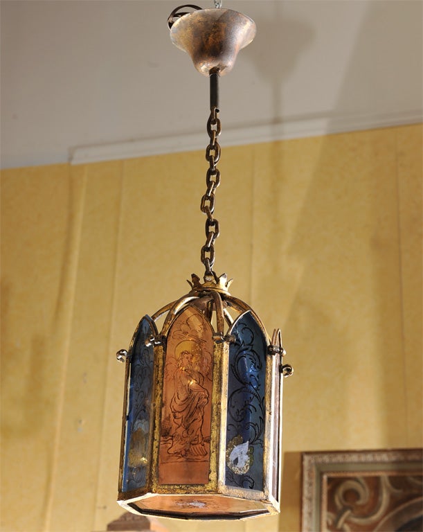 20th Century Italian Painted Glass And Gilt Metal Octogonal Lantern