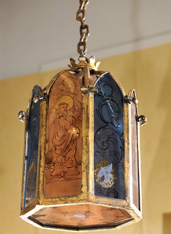 Italian Painted Glass And Gilt Metal Octogonal Lantern 1