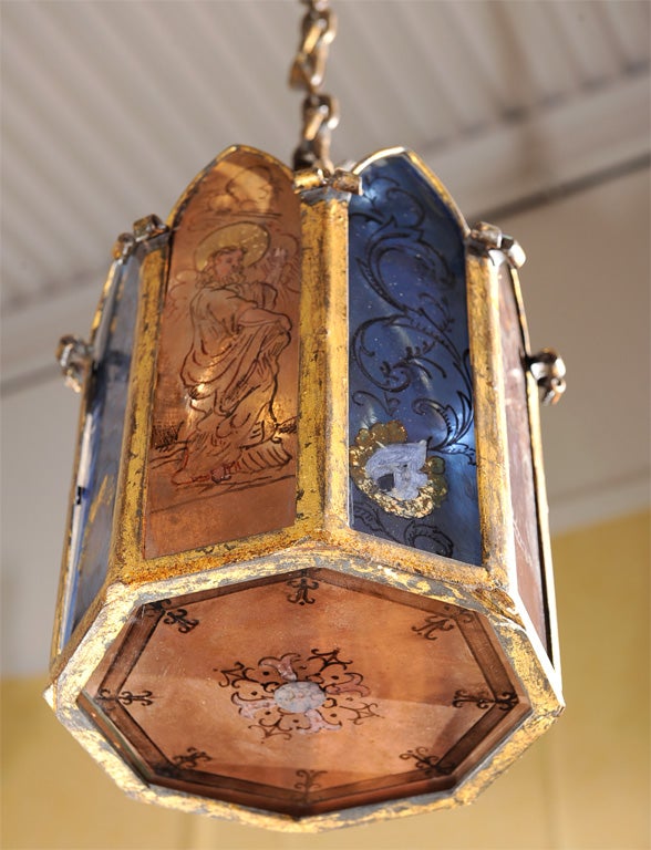 Italian Painted Glass And Gilt Metal Octogonal Lantern 2