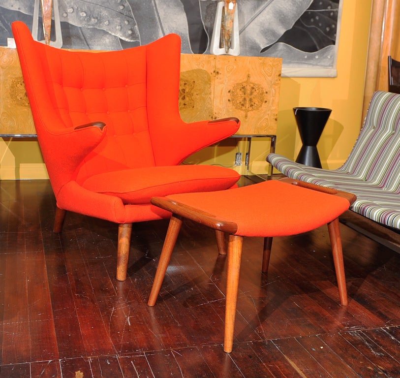 Hans Wegner Papa Bear chair and ottoman completely restored and upholstered in Maharam wool fabric.