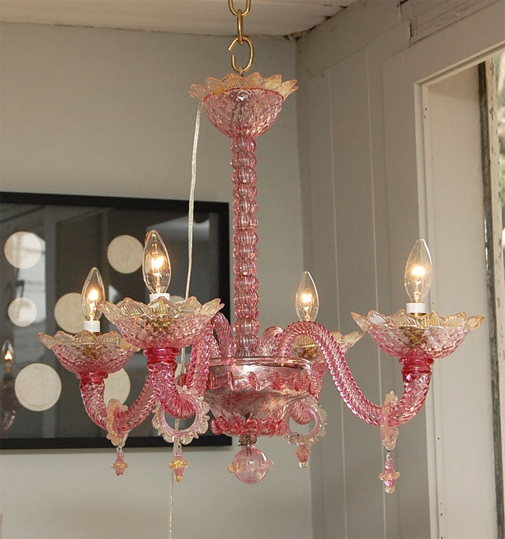 Petite pink venetian glass chandelier with gold accented drops