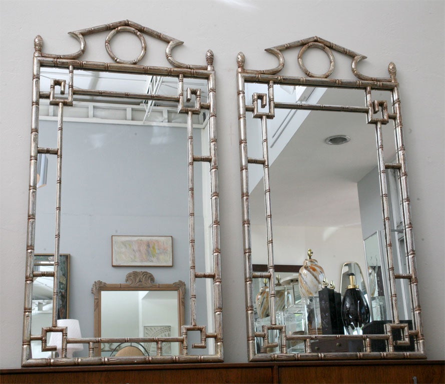 Pair of Silver Leafed Faux Bamboo Mirrors
