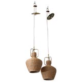 Pair of Brass and Wicker Hanging Lanterns by Lightolier