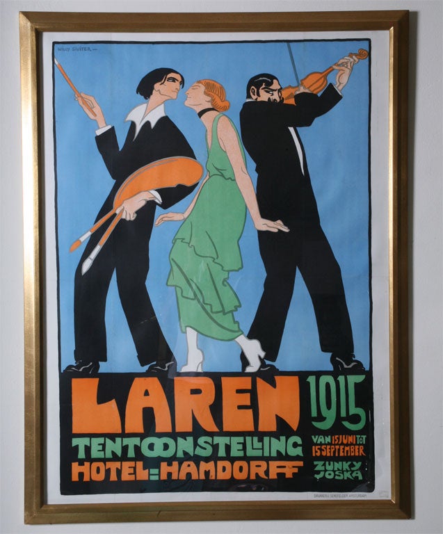 This delightful authentic original stone lithographic Dutch poster is from 1915 and custom framed. It is signed Willy Sleuters on top and is a more obscure poster from the time period. It was for a musical comedy taken place and performed at the