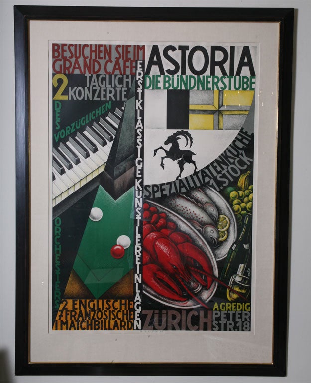 This fantastic and graphic authentic Swiss poster that is on the rare and very obscure side is a stone lithograph that is archivally linen backed and custom framed. The 4 ply silk mat matches the color of the paper. It has a much wider border at the