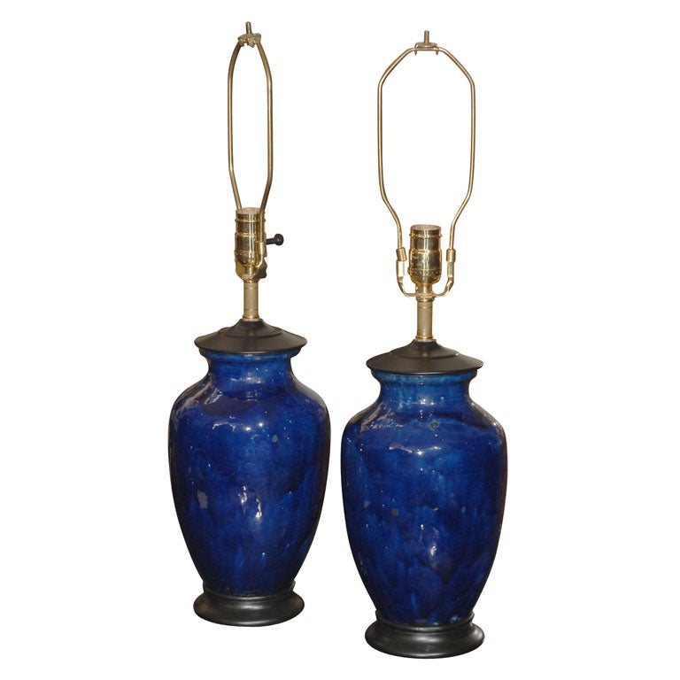 Pair of Cobalt Vases Mounted as Lamps