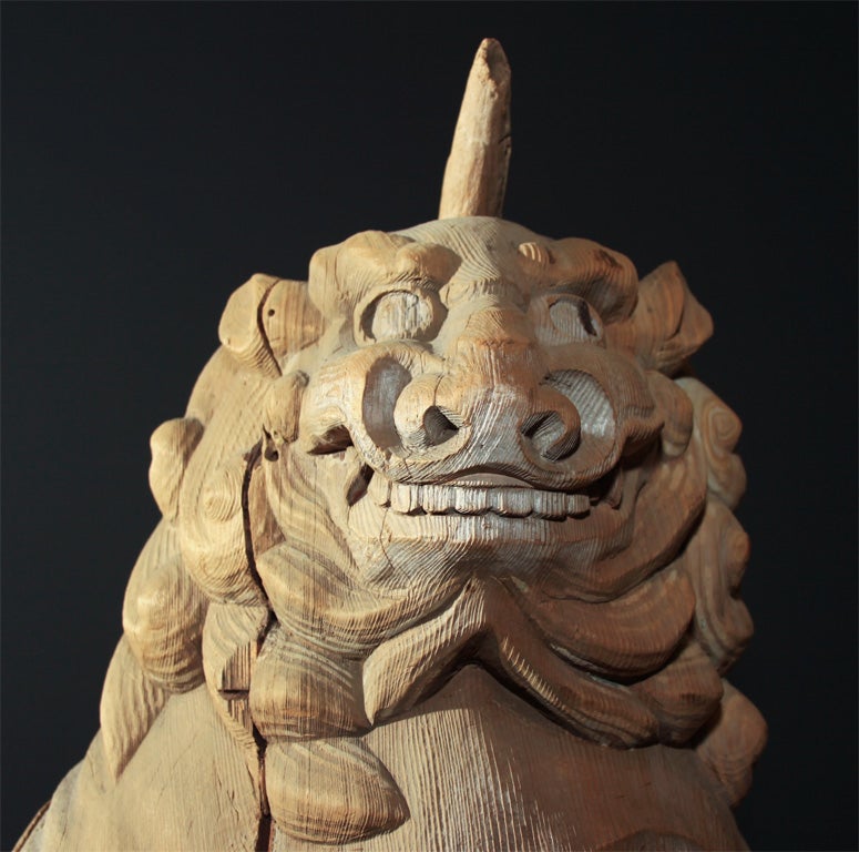 18th Century and Earlier Pair of Japanese Carved Wood Lion Dogs For Sale