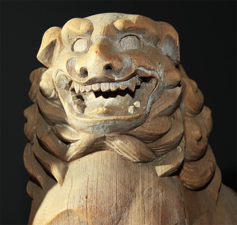 Pair of Japanese Carved Wood Lion Dogs For Sale 1