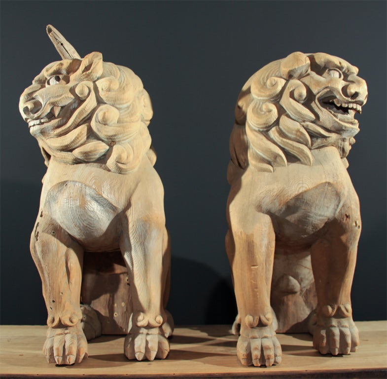 Pair of Japanese Carved Wood Lion Dogs For Sale 4