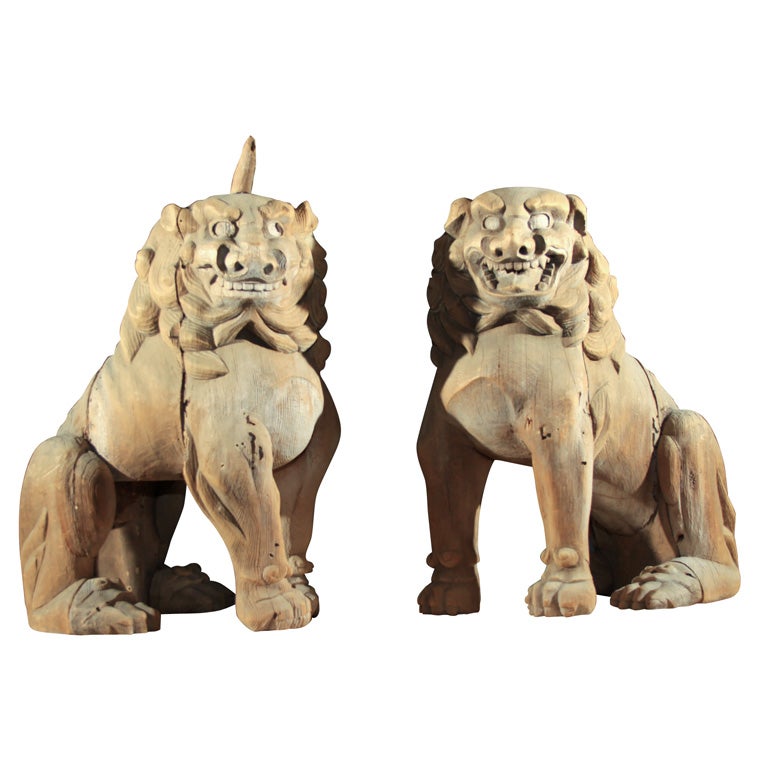 Pair of Japanese Carved Wood Lion Dogs For Sale