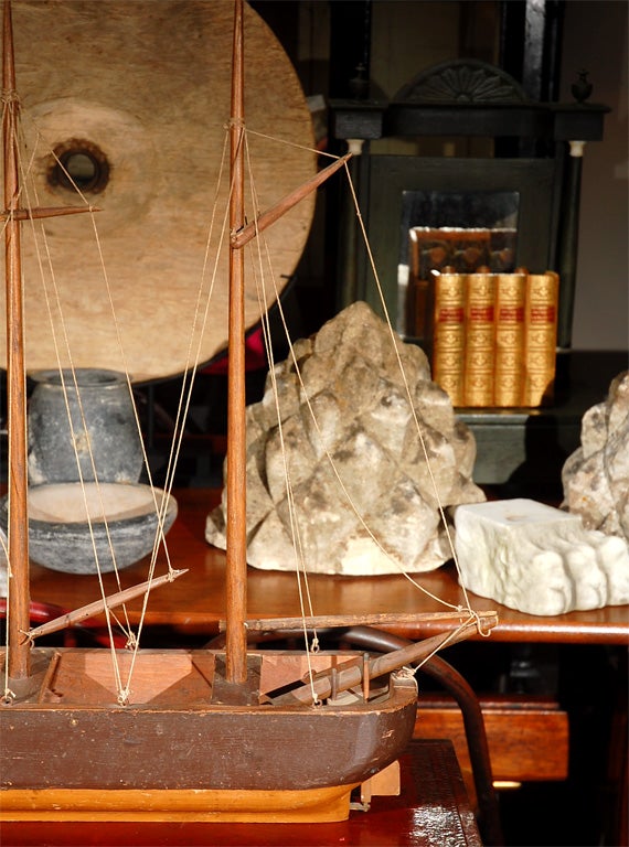 A very handsome painted English Boat Model of a three-mast sail ship with an oval brown painted hull body.