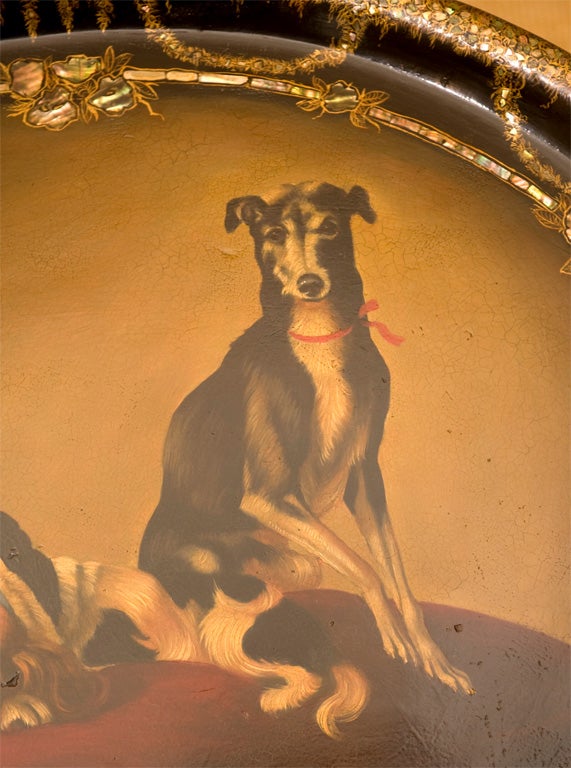 Dog painting on oval Papier Mache Tray For Sale 1