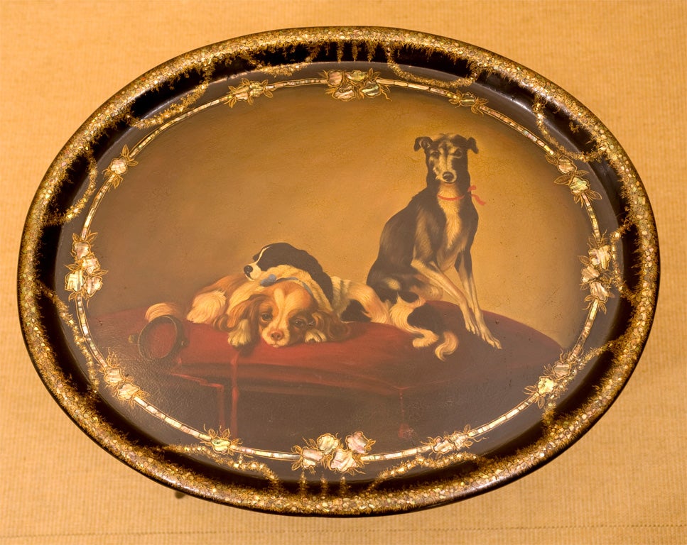 Dog painting on oval Papier Mache Tray For Sale 2