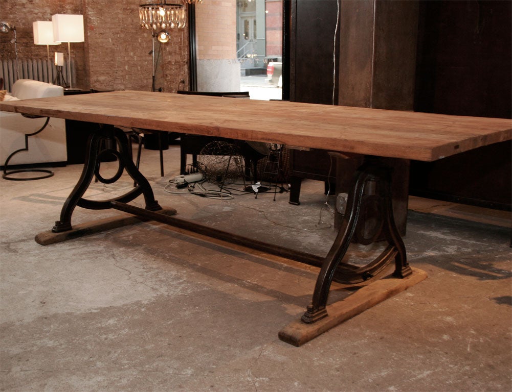 VINTAGE DINING ROOM TABLE W/ CAST IRON BASE & RECLAIMED OAK TOP