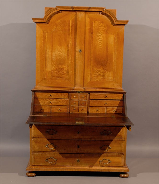 Cross-Banded 19th Century Biedermeier Bureau Bookcase in Ash with Crossbanding and Bun Feet