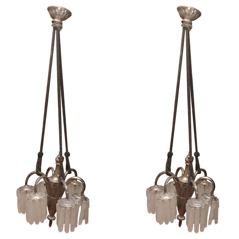 A Pair of French Art Deco Chandeliers by Simonet Freres For Sale