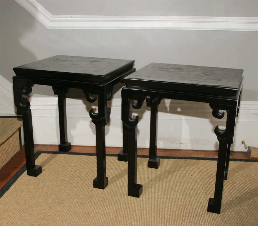 Fine Pair of Custom Made Chinoiserie Black Lacquer Low Tables incorporating  18th century Chinese carved polychrome coromandel lacquer top. Two pairs are available.