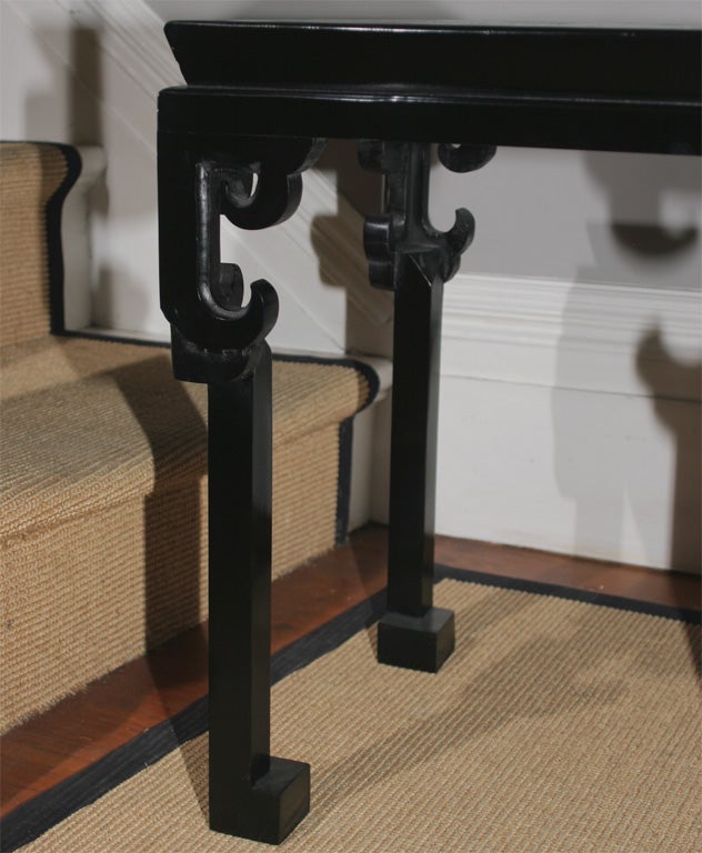 Carved Fine Pair of Custom Made Chinoiserie Black Lacquer Low Tables For Sale