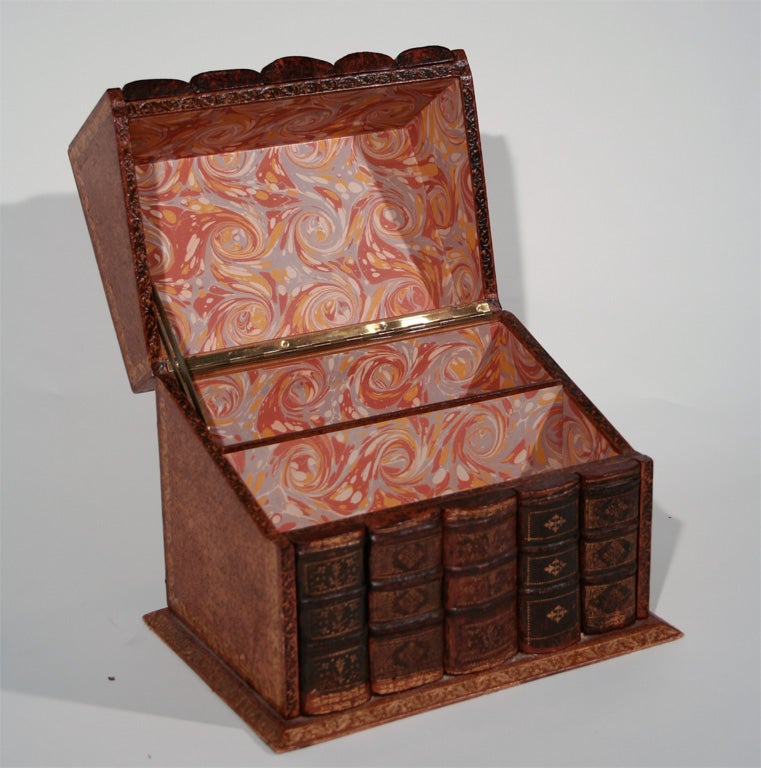 An Early 20th Faux Book Box Made from Antique Books with Later Hinge Top Opening to Reveal Interior Stationery Storage