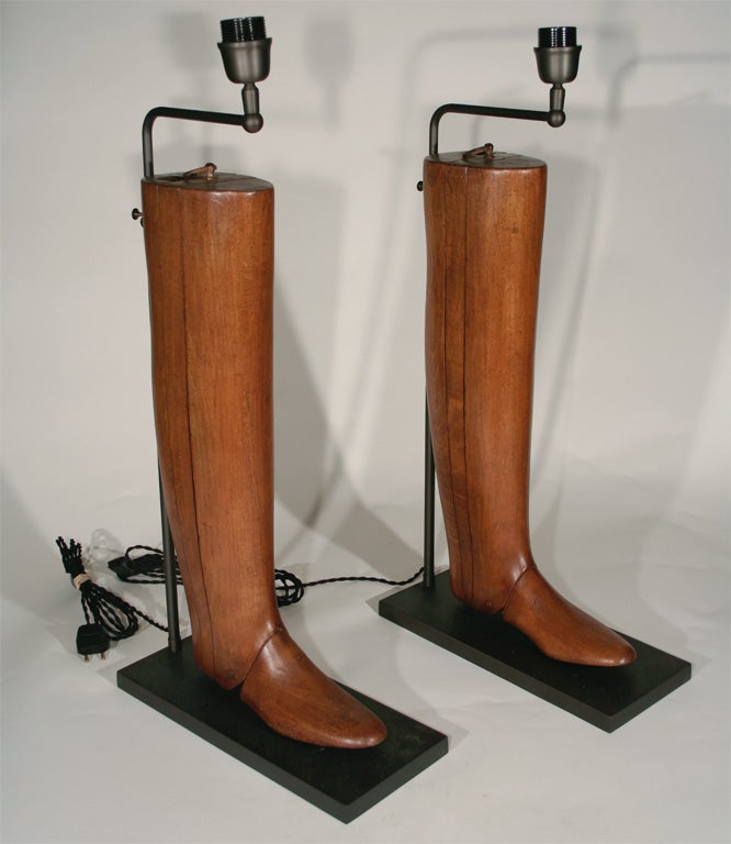 French Pair of Late 19th Century Wood Boot Forms Mounted as Lamps