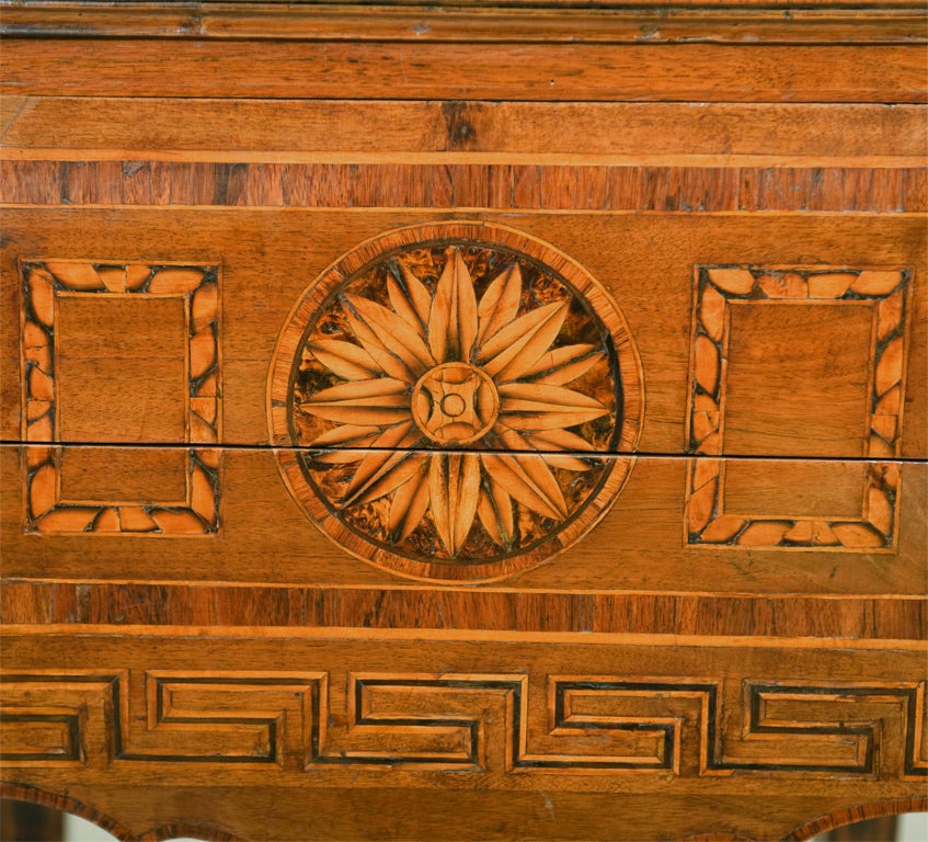 An Italian Late 18th Century Walnut Neo-Classical Tulipwood, Boxwood, Burl Elm and Mulberry Wood Inlaid Two Drawer Commodino.