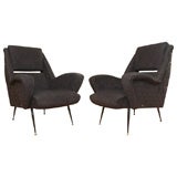 Pair of black upholstered modernist arm chairs