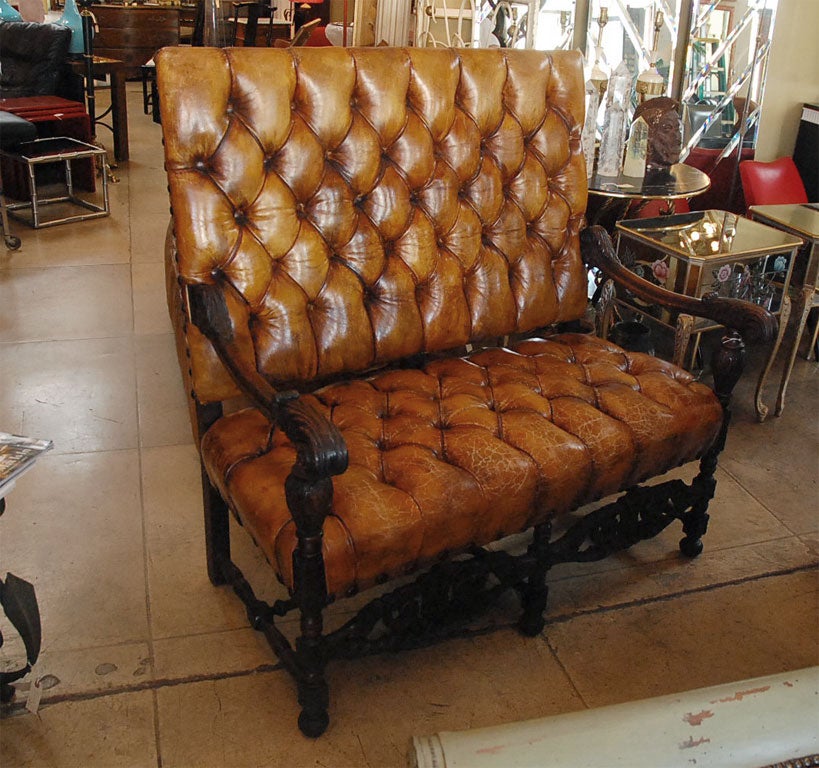 Carved Walnut Leather Tufted High Back Sofa/Bench C. 1900 at 1stdibs