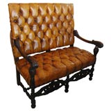 Carved Walnut Leather Tufted High Back Sofa/Bench C. 1900