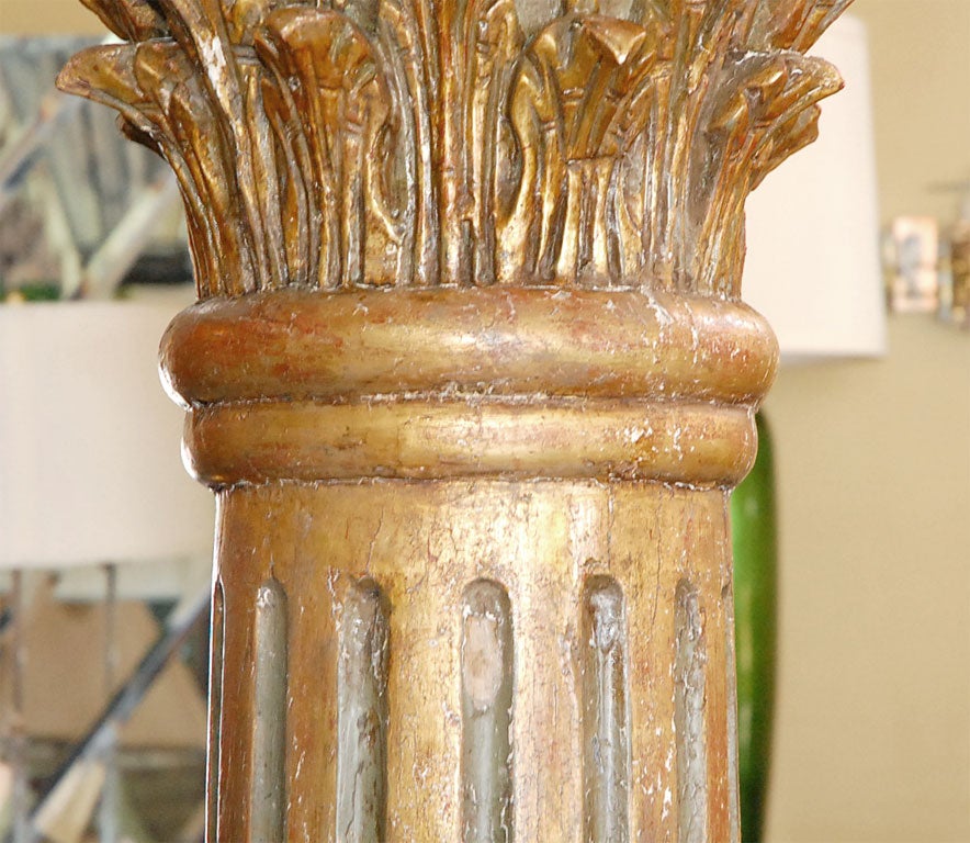 Italian Pair of Carved Painted & Parcel Gilt Columns