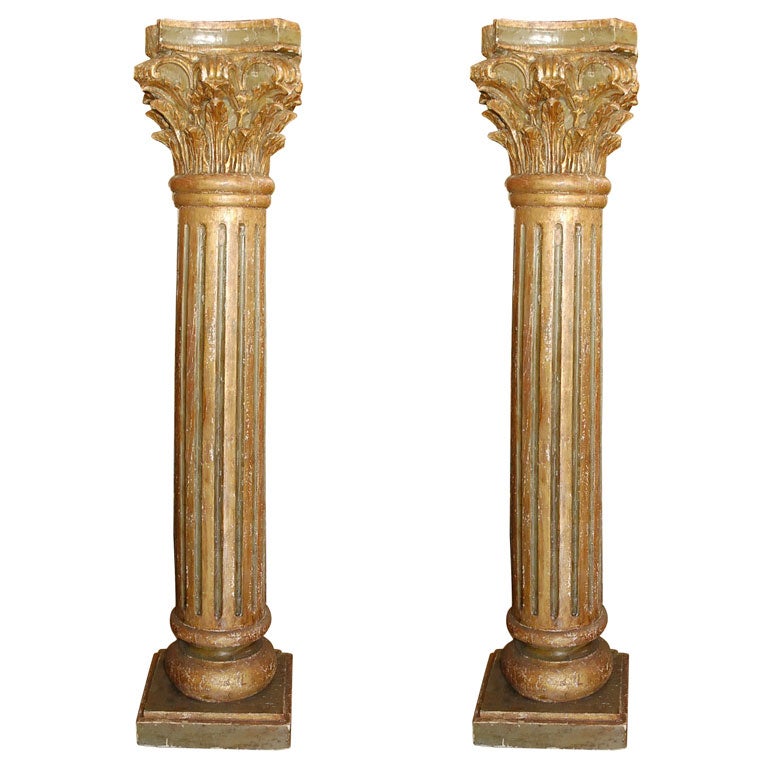 Pair of Carved Painted & Parcel Gilt Columns