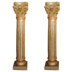 Pair of Carved Painted & Parcel Gilt Columns