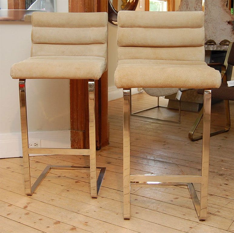 MILO BAUGHMAN SUEDE UPHOLSTERED CHROME BAR STOOLS