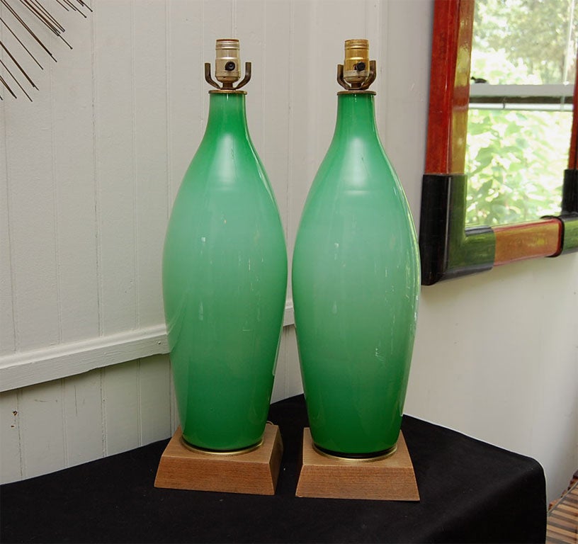 PAIR OF GRANNY APPLE GREEN MURANO GLASS LAMPS