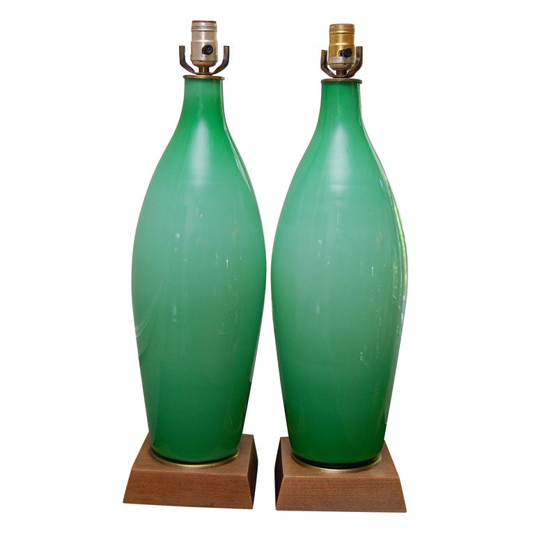 PAIR OF GRANNY APPLE GREEN MURANO GLASS LAMPS