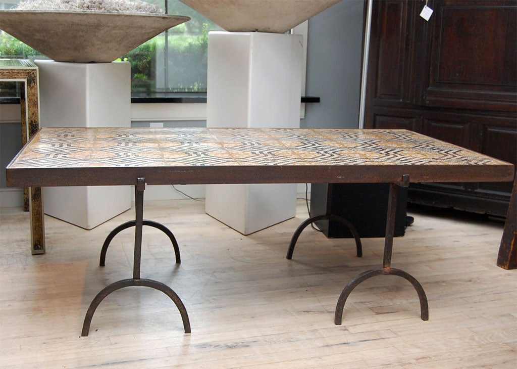 Wrought Iron Coffee Table with Antique Ceramic Tile Top