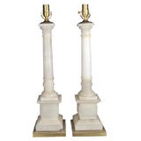 Pair of White Marble Column Lamps