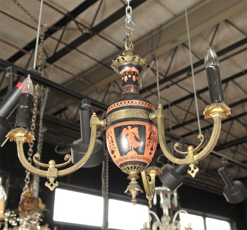 Neo-classical Greek Revival Chandelier three lgiht bronze and pottery