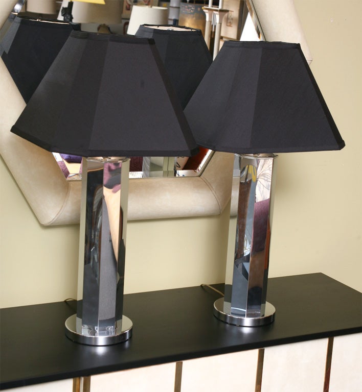 Sleek Octagonal Columnar Mirror Chrome Table Lamps