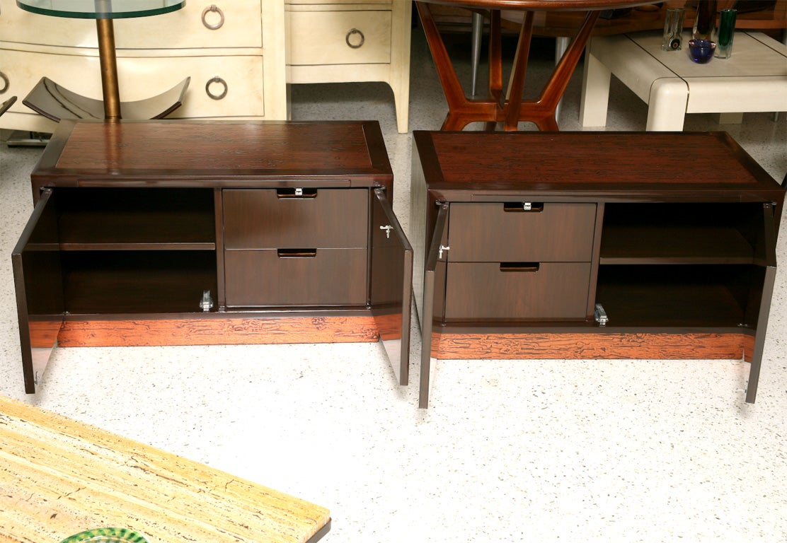 Italian Rare Pair of Walnut and Copper Wall Hung Credenzas by Renzo Rotili For Sale