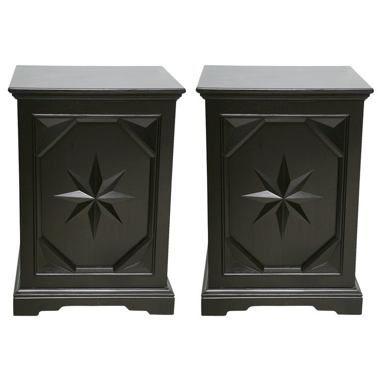 Pair of American Modern Black Lacquer Cabinets For Sale