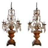 Pair of Painted Wood and Crystal Candelabras