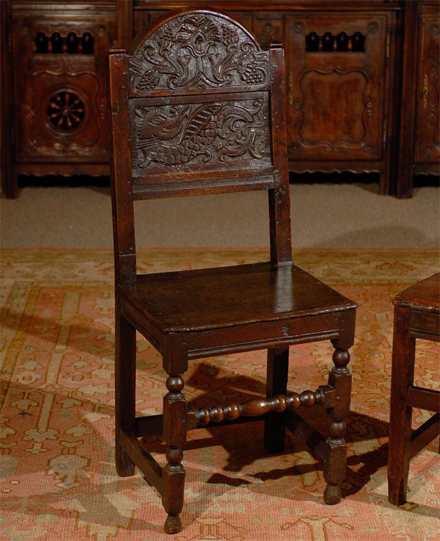 English Three Individual 18th C. Carved Oak Chairs, Darbyshire England
